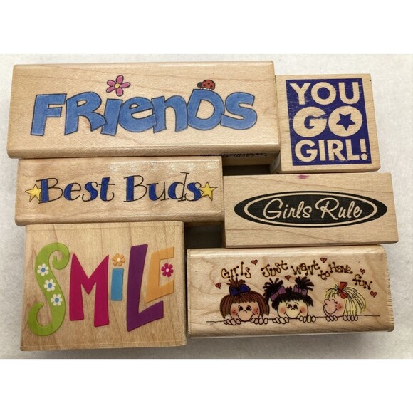 Vintage Small Rubber Stamp Lot of 6 Words‎ & Phrases Friends Smile Girls Rule - Picture 1 of 13
